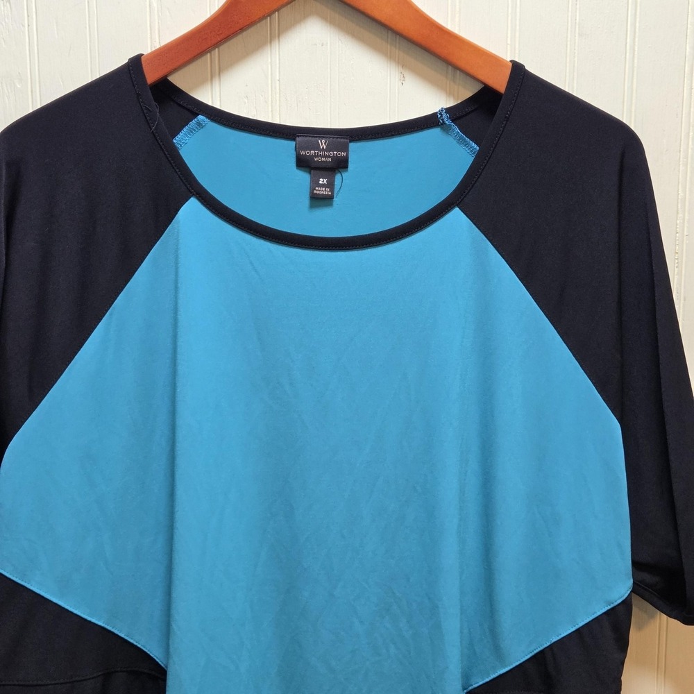Worthington Woman Shirt Womens Plus 2X Blue Black Colorblock Raglan Tunic Top